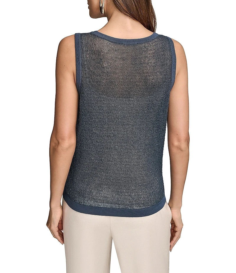 Donna Karan Crew Neck Sequined Crochet Sleeveless Shell