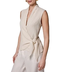 Donna Karan Crinkle Sleeveless Surplice Faux Wrap Top
