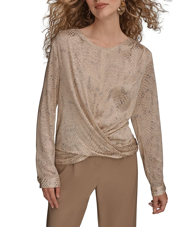 Donna Karan Croc Burnout Crew Neck Long Sleeve Drape Front Blouse