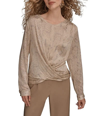 Donna Karan Croc Burnout Crew Neck Long Sleeve Drape Front Blouse
