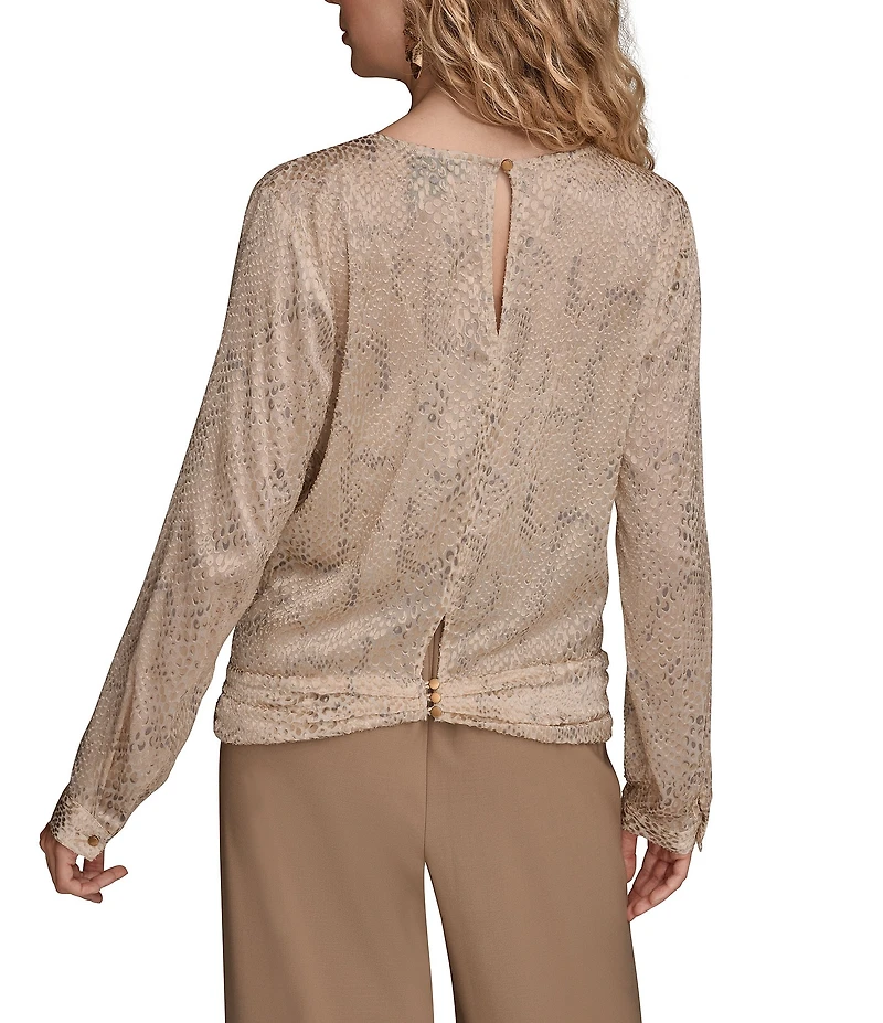 Donna Karan Croc Burnout Crew Neck Long Sleeve Drape Front Blouse