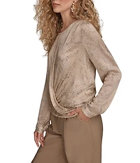 Donna Karan Croc Burnout Crew Neck Long Sleeve Drape Front Blouse