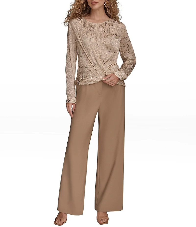 Donna Karan Croc Burnout Crew Neck Long Sleeve Drape Front Blouse