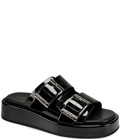Donna Karan DKNY by Donna Karan Leocadia Patent Buckled Platform Slide Sandals