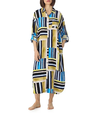 Donna Karan DKNY by Donna Karan Multi Stripe Print Long Sleeve Button Front Woven Sleepshirt