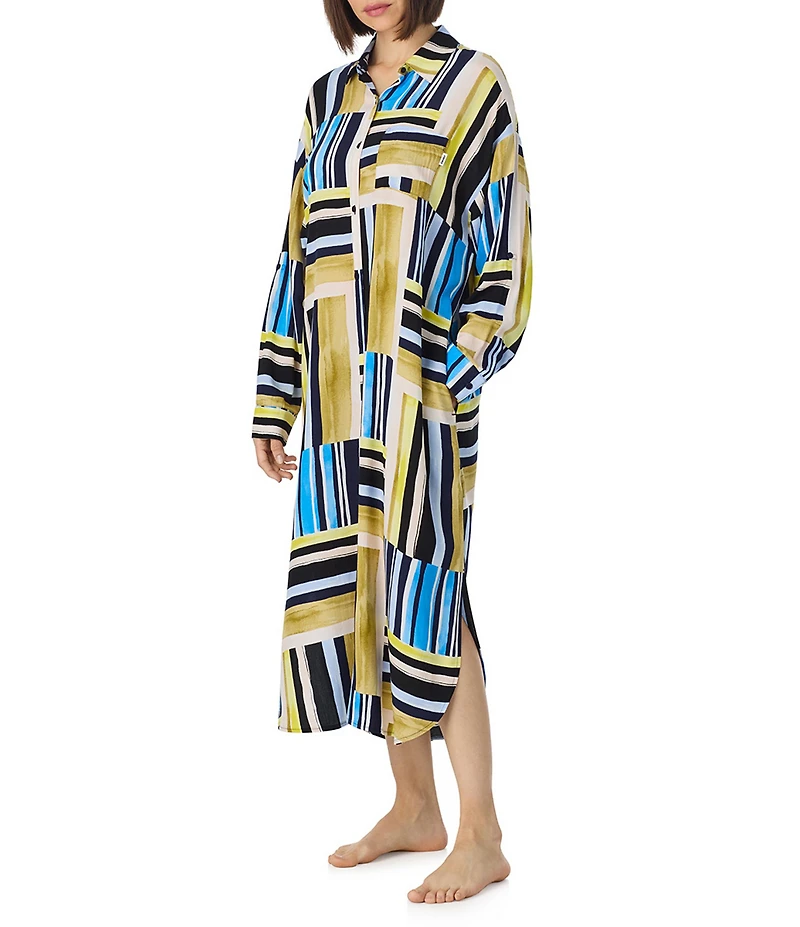 Donna Karan DKNY by Donna Karan Multi Stripe Print Long Sleeve Button Front Woven Sleepshirt