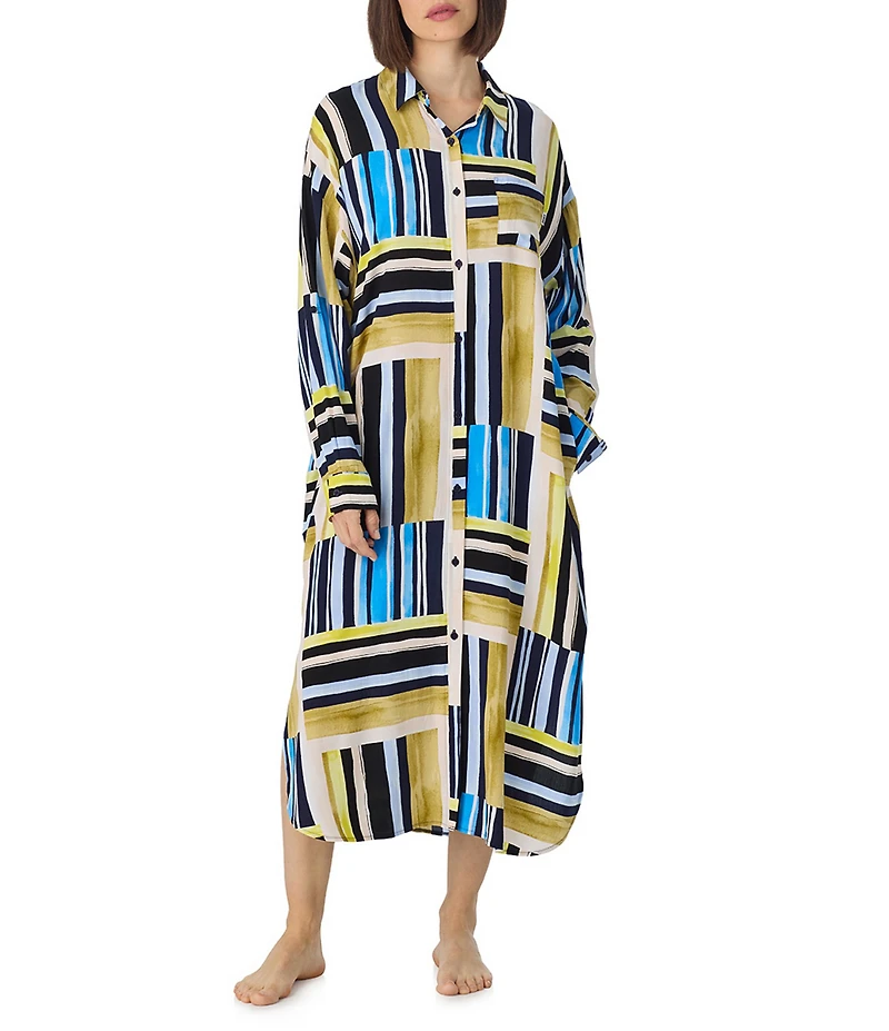 Donna Karan DKNY by Donna Karan Multi Stripe Print Long Sleeve Button Front Woven Sleepshirt
