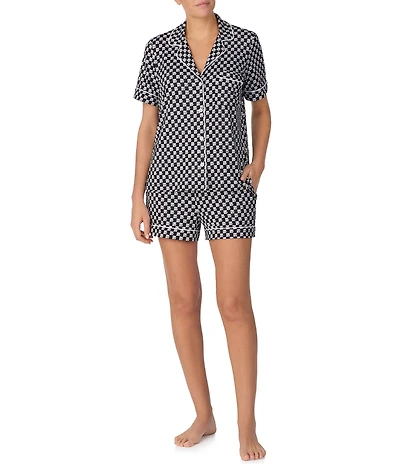 Donna Karan DKNY by Donna Karan Short Sleeve Notch Collar Jersey Knit Checked Print Shorty Pajama Set