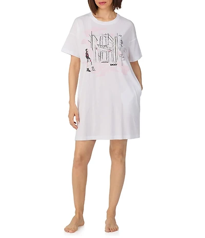 Donna Karan DKNY City Print Short Sleeve Round Neck Jersey Knit Sleepshirt