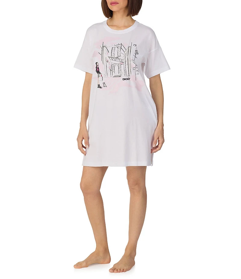 Donna Karan DKNY City Print Short Sleeve Round Neck Jersey Knit Sleepshirt