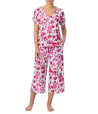 Donna Karan DKNY Ikat Floral Print Short Sleeve V-Neck Jersey Knit Cropped Pajama Set