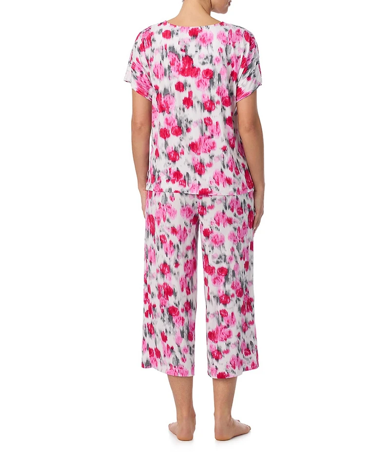 Donna Karan DKNY Ikat Floral Print Short Sleeve V-Neck Jersey Knit Cropped Pajama Set