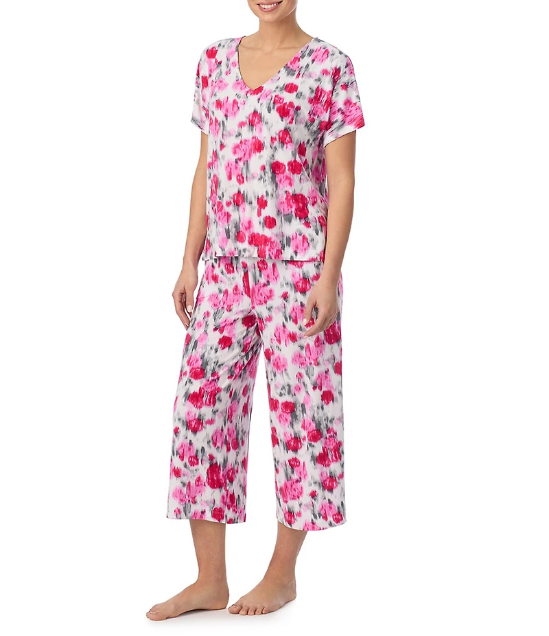 Donna Karan DKNY Ikat Floral Print Short Sleeve V-Neck Jersey Knit Cropped Pajama Set