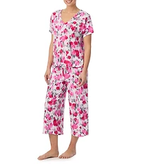 Donna Karan DKNY Ikat Floral Print Short Sleeve V-Neck Jersey Knit Cropped Pajama Set