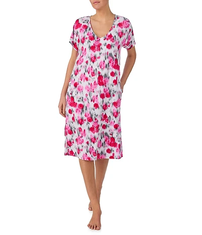 Donna Karan DKNY Ikat Floral Print Short Sleeve V-Neck Jersey Knit Sleepshirt