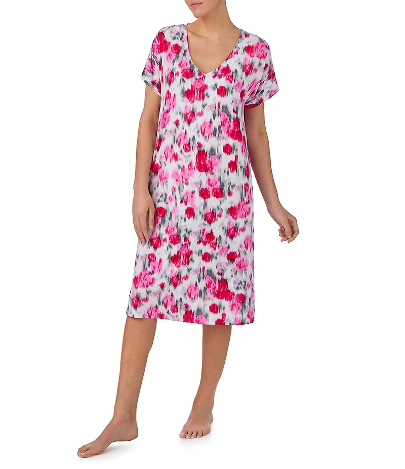 Donna Karan DKNY Ikat Floral Print Short Sleeve V-Neck Jersey Knit Sleepshirt