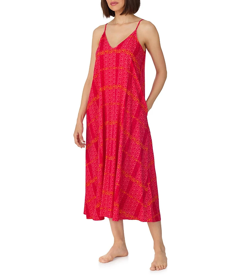 Donna Karan DKNY Logo Print Sleeveless V-Neck Woven Long Maxi Chemise