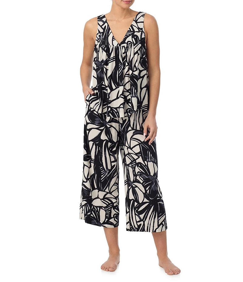 Donna Karan DKNY Printed Sleeveless V Neck Woven Capri Pajama Set