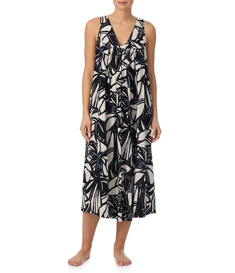 Donna Karan DKNY Printed Sleeveless V Neck Woven Long Chemise