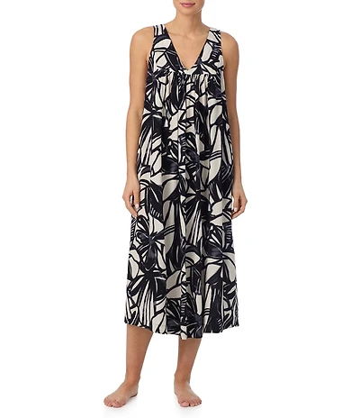 Donna Karan DKNY Printed Sleeveless V Neck Woven Long Chemise