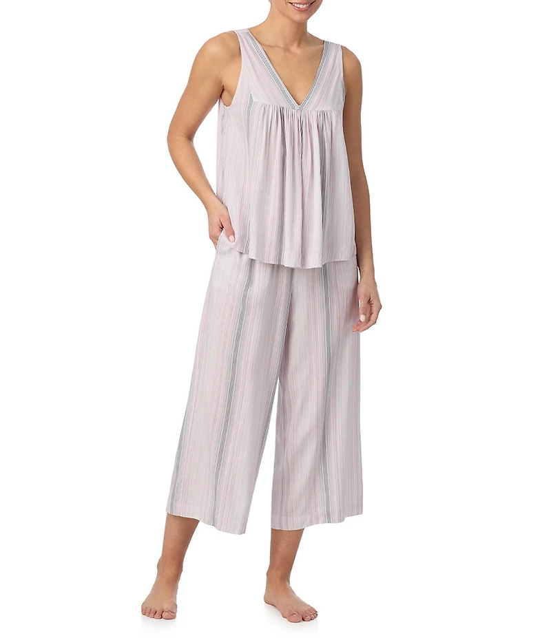 Donna Karan DKNY Stripe Print Sleeveless V Neck Woven Capri Pajama Set