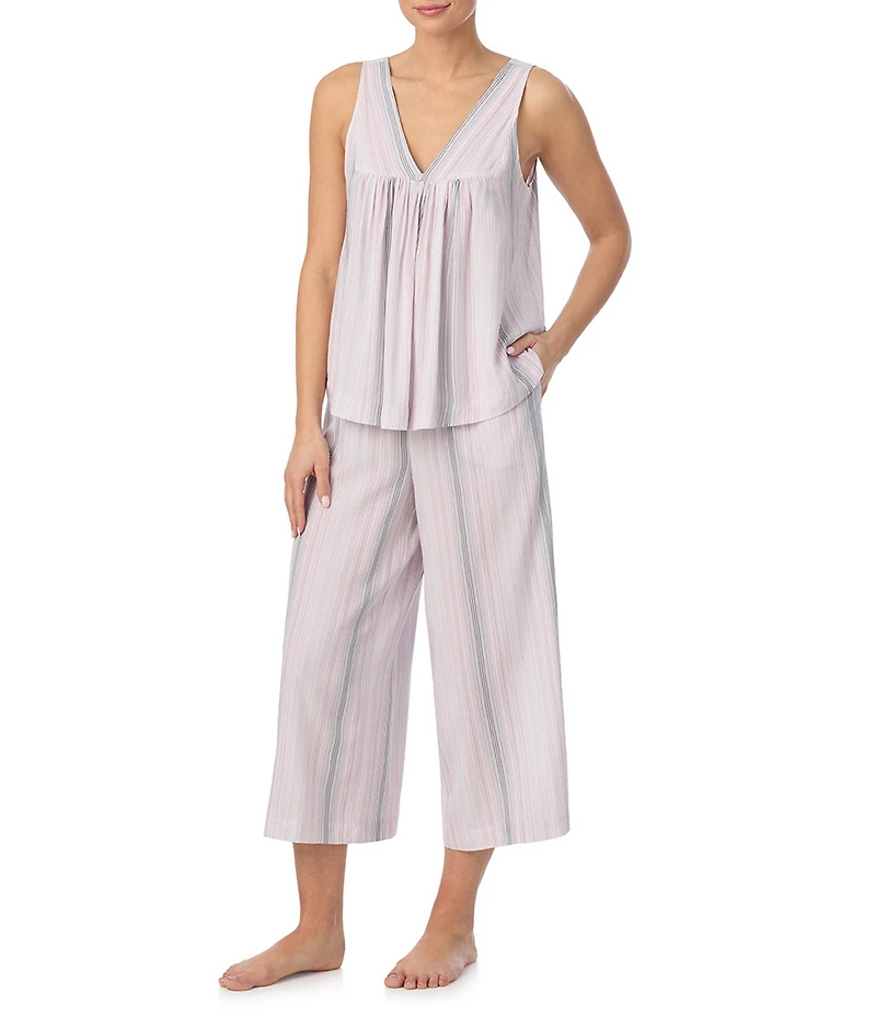Donna Karan DKNY Stripe Print Sleeveless V Neck Woven Capri Pajama Set