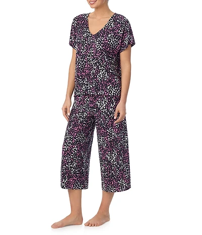 Donna Karan DKNY Wild Spots Print Short Sleeve V-Neck Jersey Knit Cropped Pajama Set