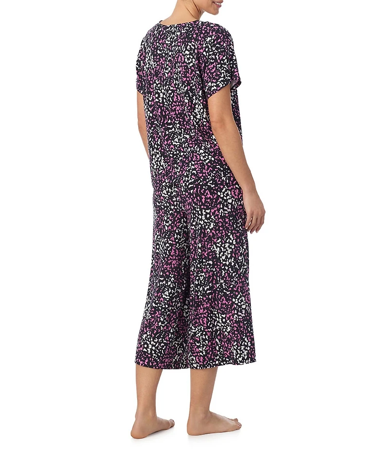 Donna Karan DKNY Wild Spots Print Short Sleeve V-Neck Jersey Knit Cropped Pajama Set