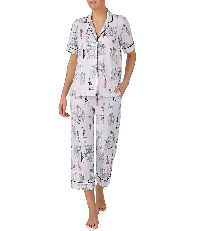 DKNY by Donna Karan City Print Short Sleeve Notch Collar Cozy Jersey Knit Cropped Pajama Set