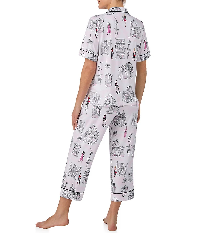 Donna Karan DNKY City Print Short Sleeve Notch Collar Cozy Jersey Knit Cropped Pajama Set