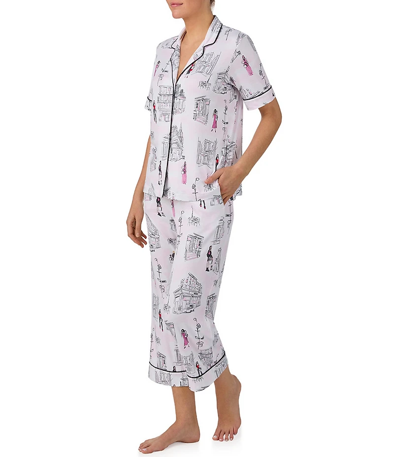 Donna Karan DNKY City Print Short Sleeve Notch Collar Cozy Jersey Knit Cropped Pajama Set