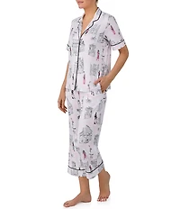 Donna Karan DNKY City Print Short Sleeve Notch Collar Cozy Jersey Knit Cropped Pajama Set