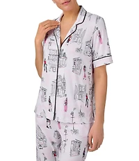 Donna Karan DNKY City Print Short Sleeve Notch Collar Cozy Jersey Knit Cropped Pajama Set
