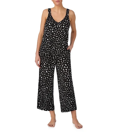 Donna Karan DNKY Dotted Sleeveless V Neck Jersey Knit Cropped Pajama Set