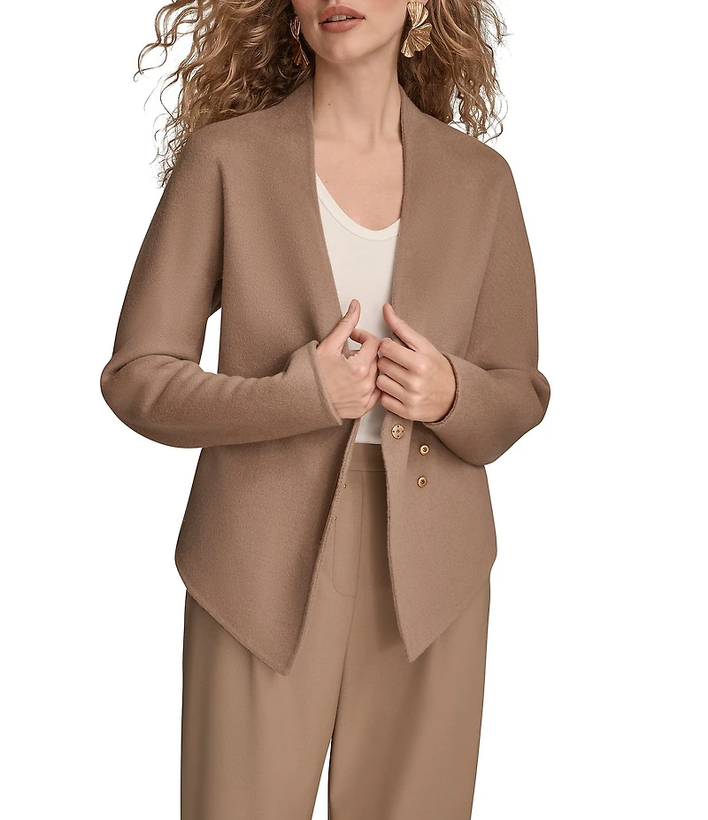 Donna Karan Double Faced Wool Blend Collarless Gold Bar Wrap Jacket