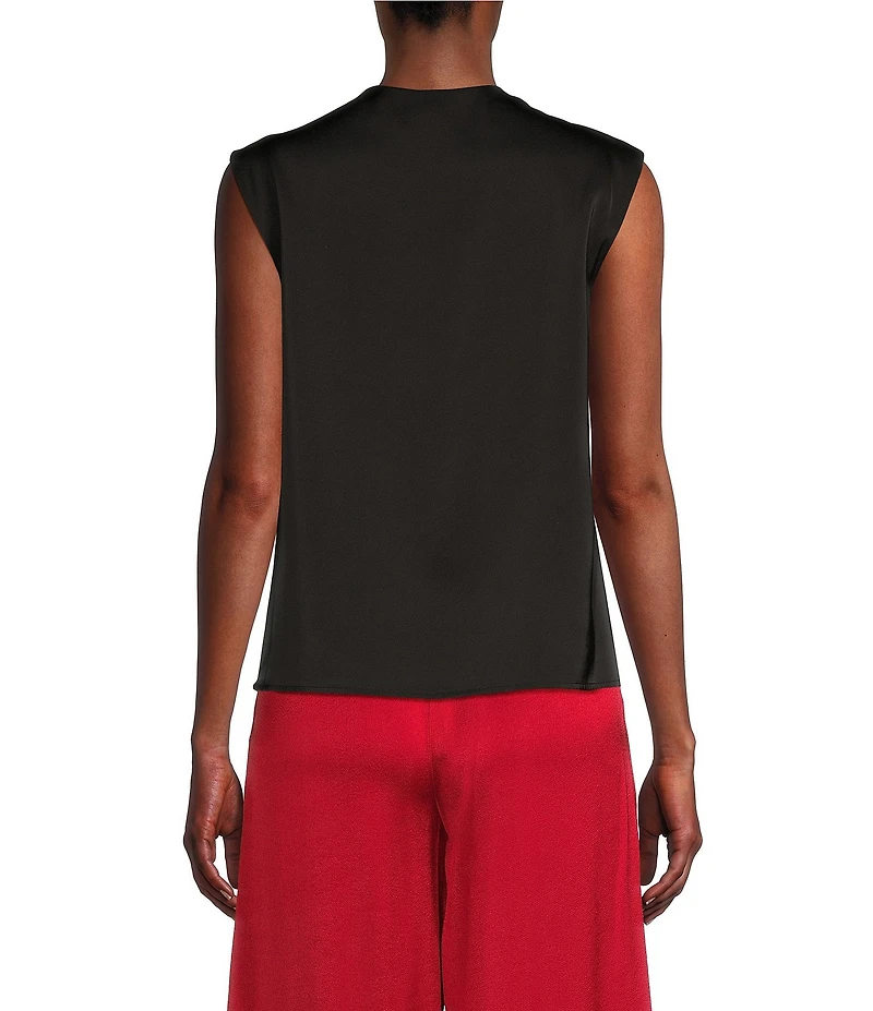 Donna Karan Draped Satin Sleeveless Mock Neck Gathered Shoulder Blouse