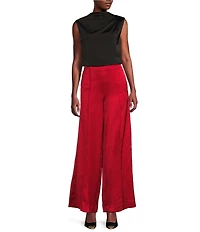 Donna Karan Draped Satin Sleeveless Mock Neck Gathered Shoulder Blouse