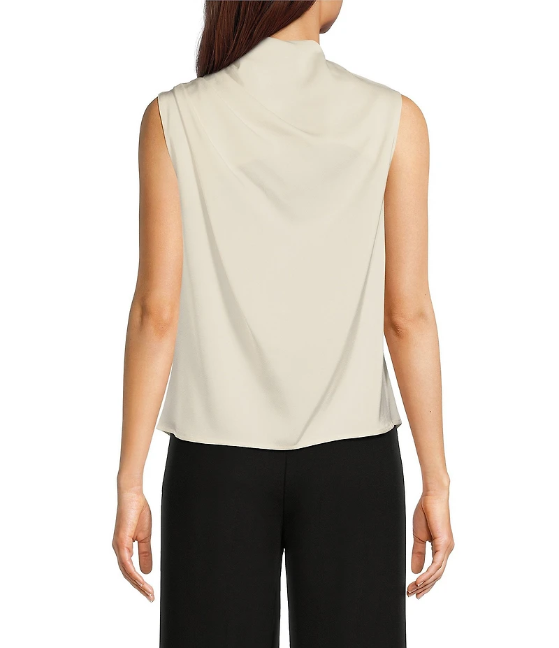 Donna Karan Draped Satin Sleeveless Mock Neck Gathered Shoulder Blouse