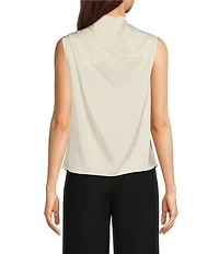 Donna Karan Draped Satin Sleeveless Mock Neck Gathered Shoulder Blouse