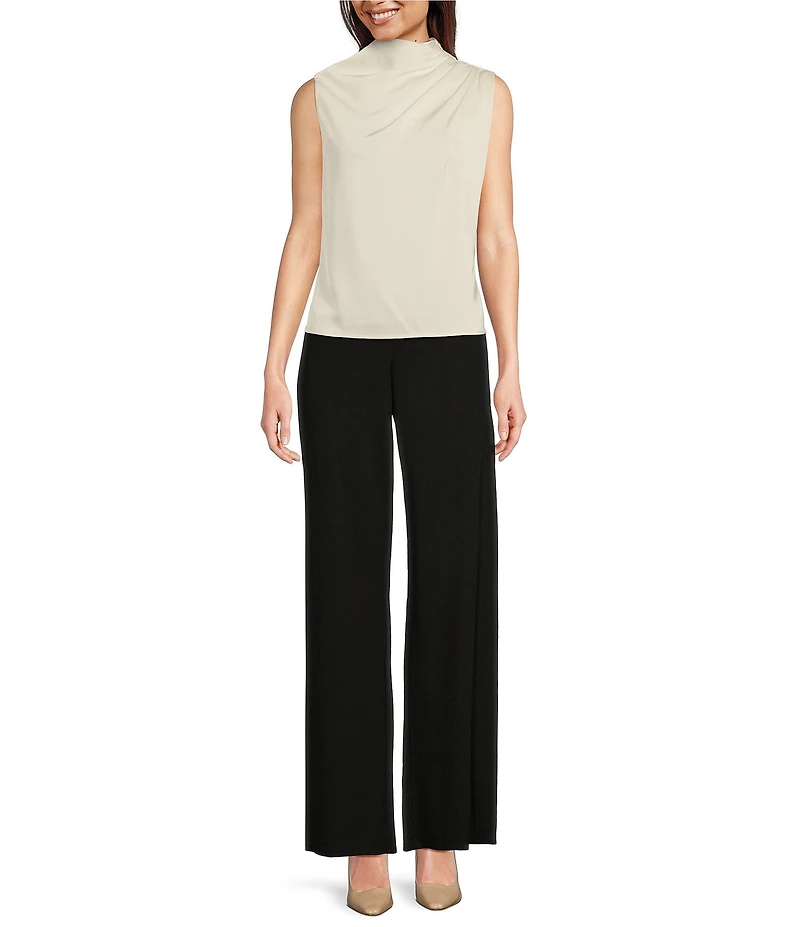 Donna Karan Draped Satin Sleeveless Mock Neck Gathered Shoulder Blouse