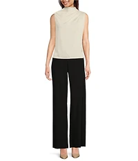 Donna Karan Draped Satin Sleeveless Mock Neck Gathered Shoulder Blouse