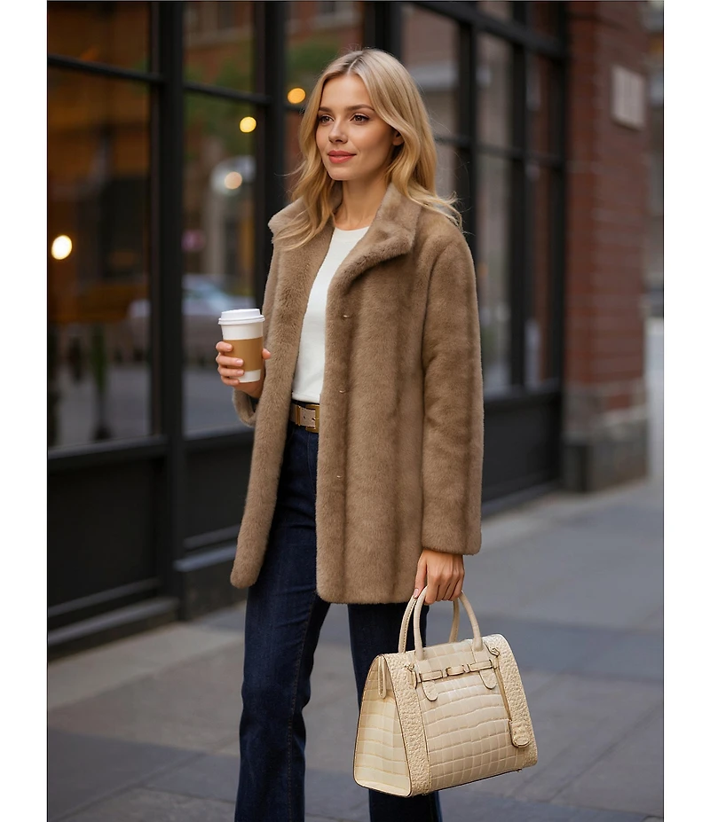 Donna Karan Faux Fur Stand Collar Button Front Coat