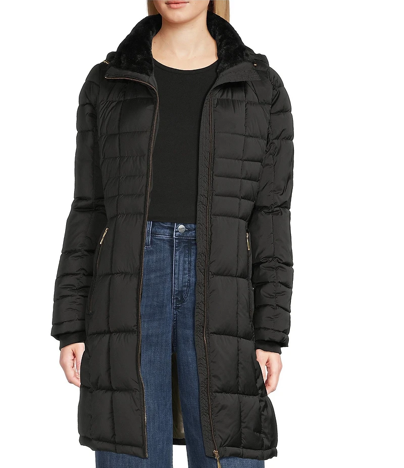 Donna Karan Faux Fur Trim Hooded Neck Zip Front Walker Puffer Coat