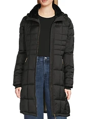 Donna Karan Faux Fur Trim Hooded Neck Zip Front Walker Puffer Coat