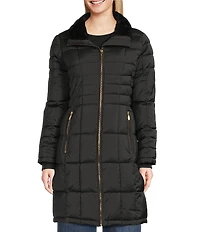 Donna Karan Faux Fur Trim Hooded Neck Zip Front Walker Puffer Coat