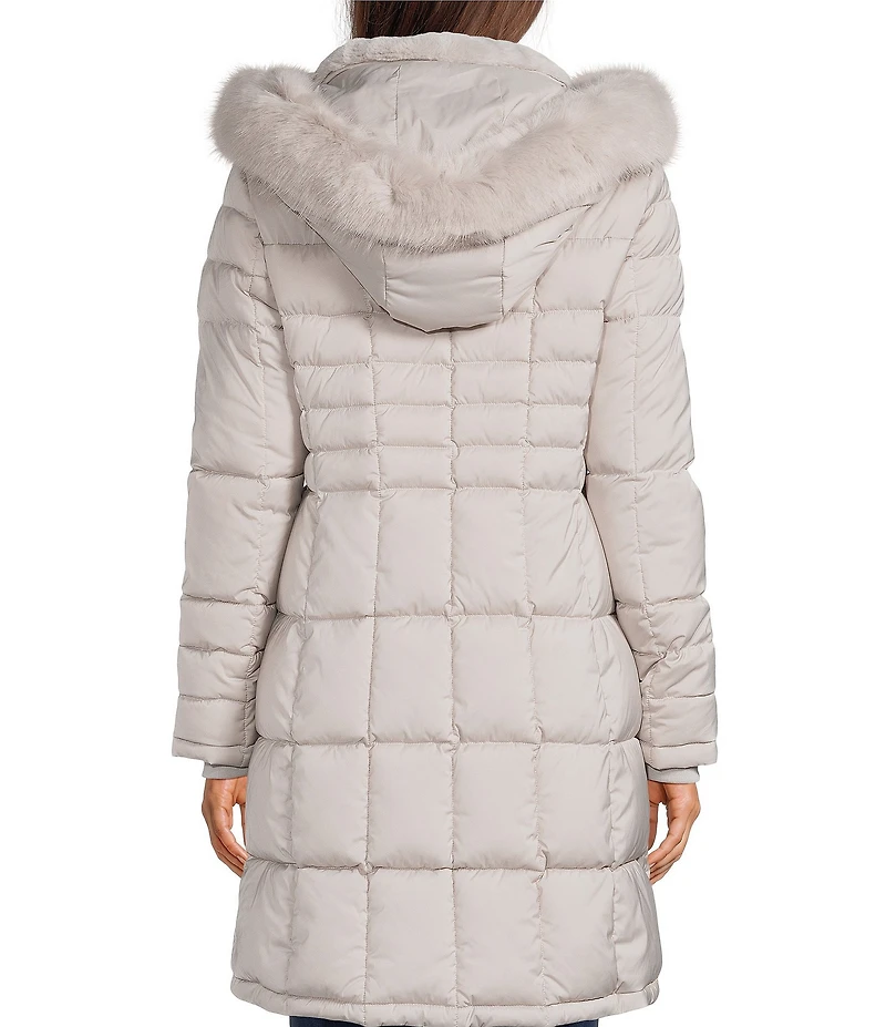 Donna Karan Faux Fur Trim Hooded Neck Zip Front Walker Puffer Coat