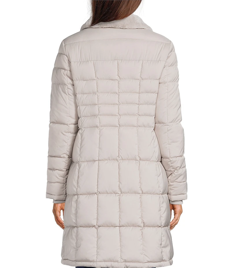 Donna Karan Faux Fur Trim Hooded Neck Zip Front Walker Puffer Coat