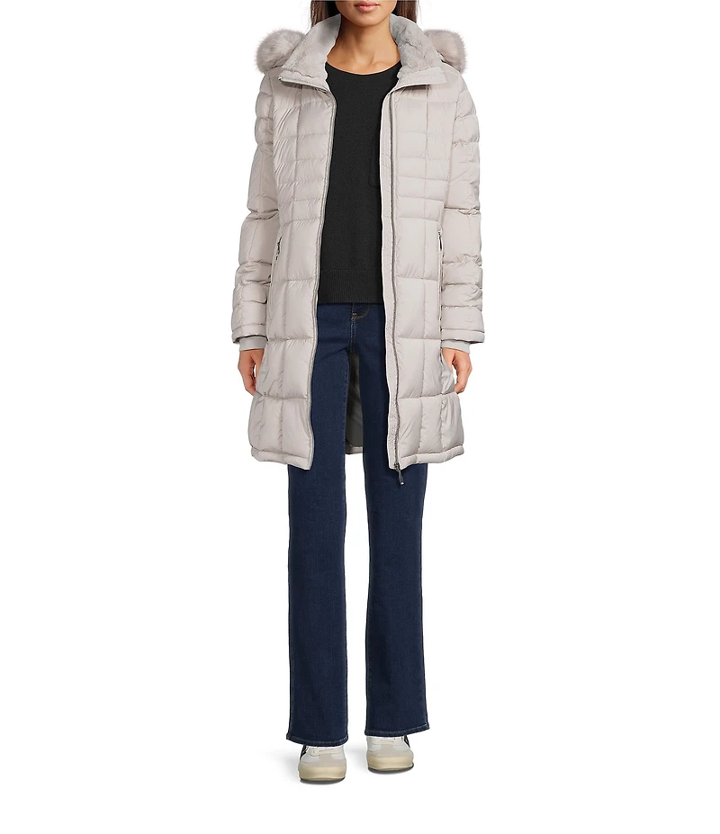 Donna Karan Faux Fur Trim Hooded Neck Zip Front Walker Puffer Coat