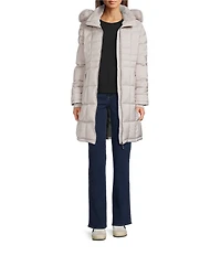Donna Karan Faux Fur Trim Hooded Neck Zip Front Walker Puffer Coat