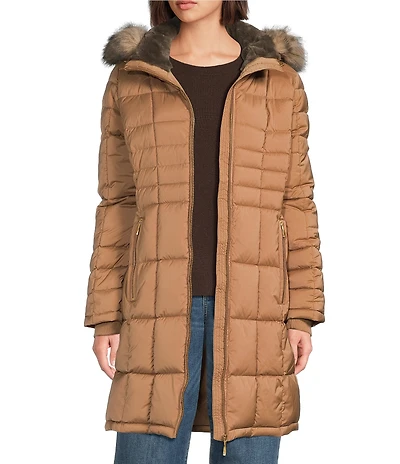 Donna Karan Faux Fur Trim Hooded Neck Zip Front Walker Puffer Coat